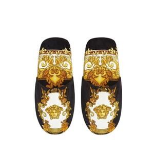 Versace Medusa Renaissance-Print Slippers Black Gold Size S (6-7) NWT